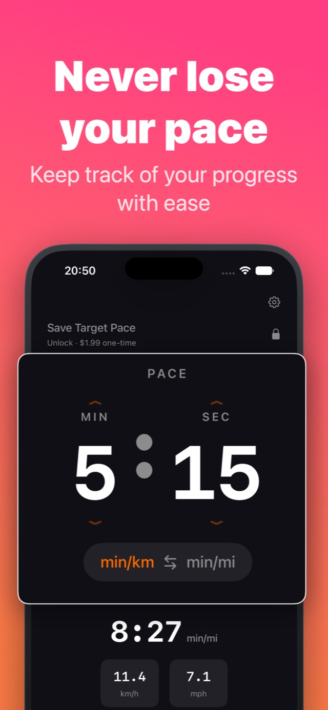 Milemark running pace converter showing 5:15 min/km entered on the minute and second scrubber, with the min/km to min/mi unit toggle below