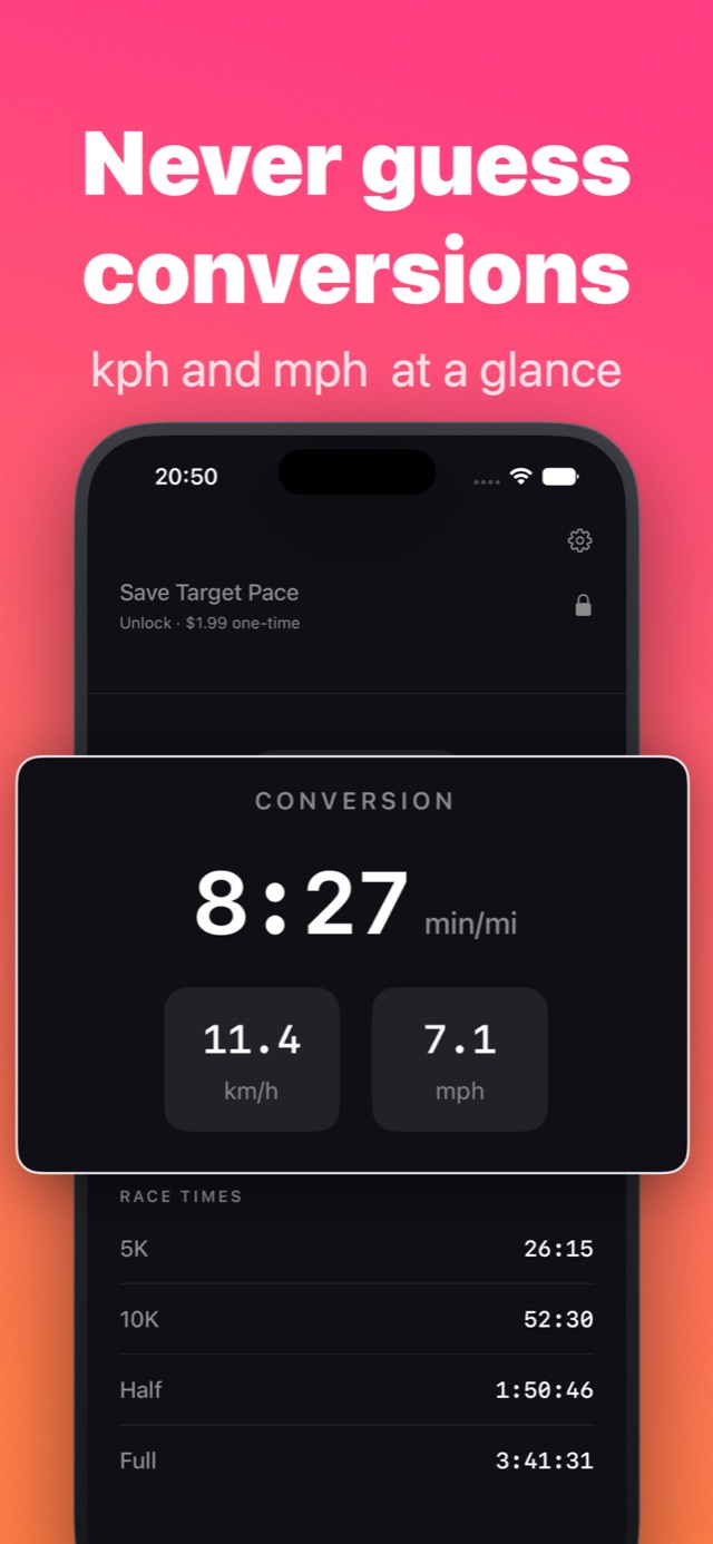 Pace conversion panel reading 8:27 min/mi with speed tiles showing 11.4 km/h and 7.1 mph