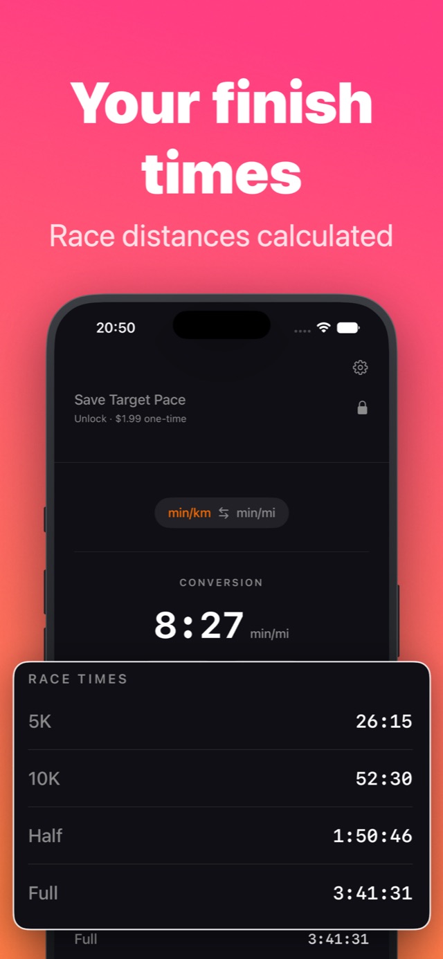 Race times list calculated from a 5:15 min/km pace: 5K in 26:15, 10K in 52:30, half marathon in 1:50:46, marathon in 3:41:31