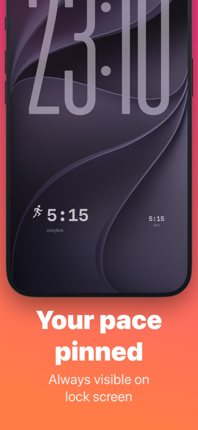 iPhone Lock Screen with a Milemark widget showing a runner glyph and a saved target pace of 5:15 min/km