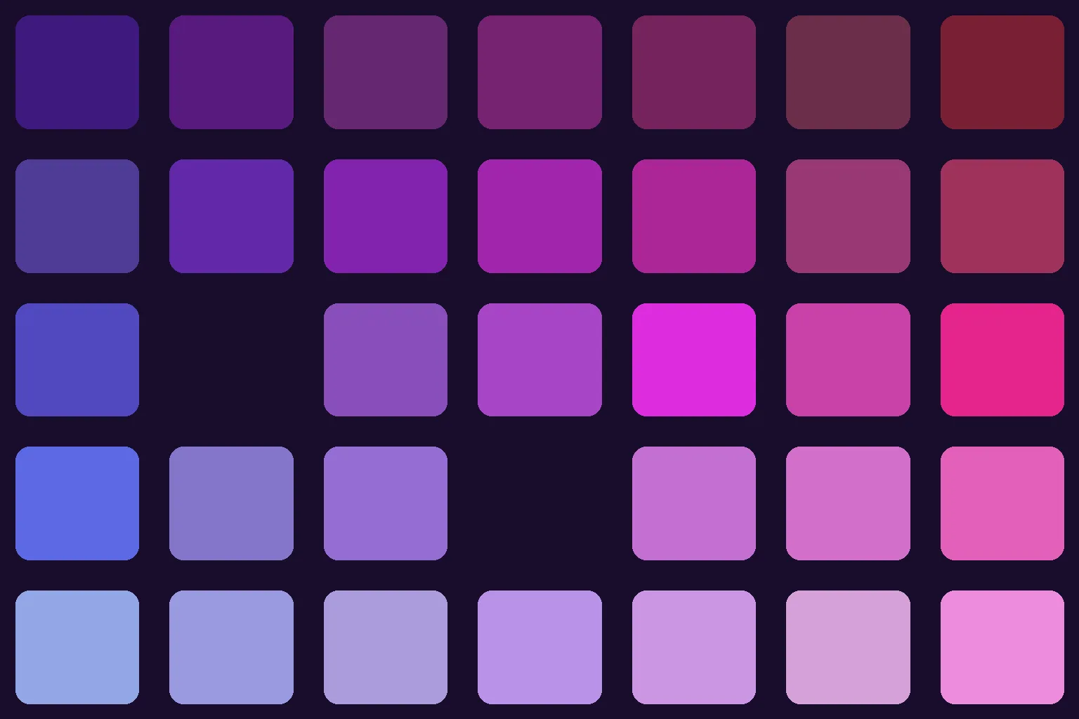 A grid of violet and magenta swatch tiles with a few cells left empty