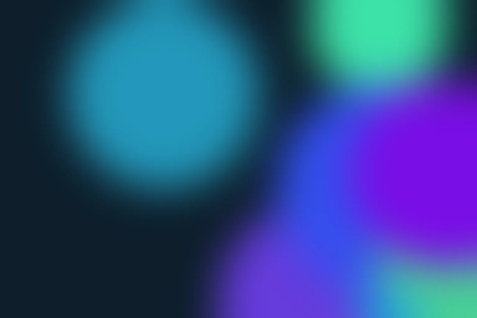Soft blurred discs of teal, green and violet drifting across a dark blue field
