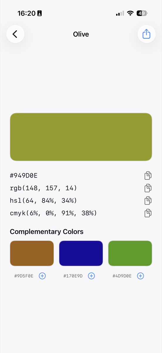 A saved Swatchr color called Olive, #949D0E, with three suggested harmony colors beneath it and their own hex codes