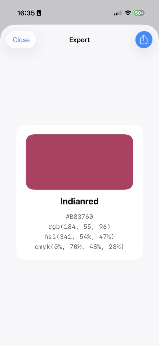 Swatchr's export screen turning the saved color Indianred into a shareable card listing #B83760 with its RGB, HSL and CMYK values