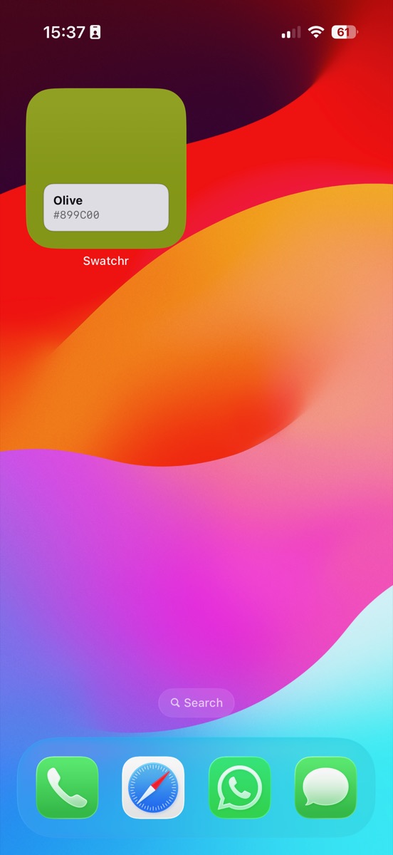 An iPhone Home Screen with the Swatchr widget showing the saved color Olive as a filled swatch with its hex code