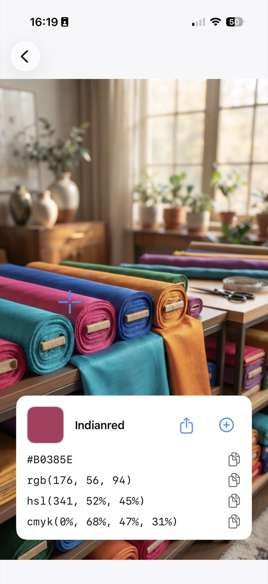 Picking a color from a saved photo of fabric bolts in Swatchr, returning Indianred #B0385E with its RGB, HSL and CMYK codes