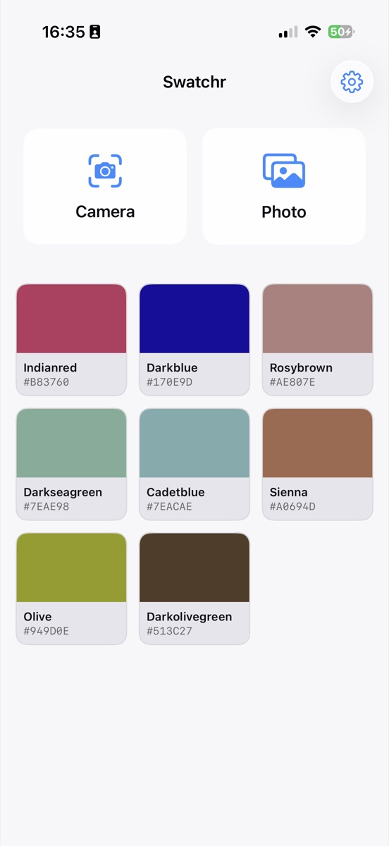The Swatchr home screen showing Camera and Photo buttons above a saved palette grid of named swatches including Indianred, Darkblue, Cadetblue and Sienna with their hex codes